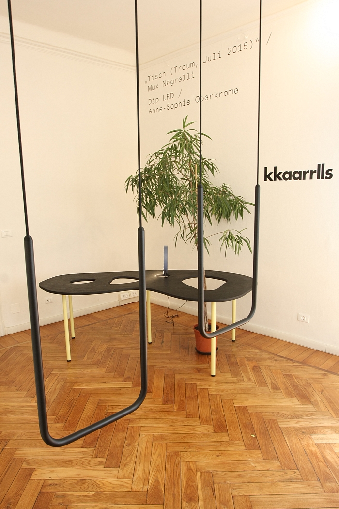 The swing As High As Best by Oliver-Selim Boualam & Lukas Marstaller, table Traum by Max Negrelli & Dip LED lamp by Anne-Sophie Oberkrome, as seen at kkaarrlls 2016, Milan 