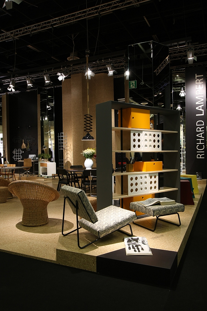 The Herbert Hirche Lounge Chair, Egon Eiermann Rattan chair and Frame shelving system by Alexander Seifried, as seen at Richard Lampert @ IMM Cologne 2016