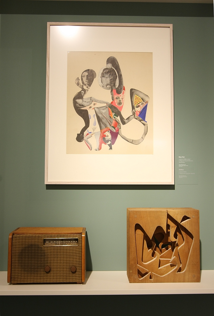 A Detrola Radio Model 571 from 1946 (bottom left) together with an undated collage and a so-called light trap, as seen at Alexander Girard. A Designer's Universe, Vitra Design Museum