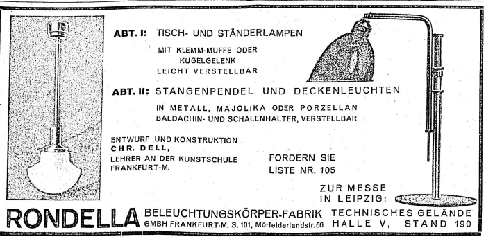 Rondella Lamp by Christian Dell(rechts), 1930s Advert *Owing to the nature of teh item we don't ahve any photos we can use... google it,you won't be disappointed)