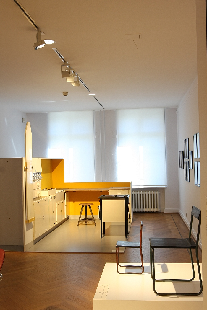 Frankfurter Kitchen by Margarete Schütte-Lihotzky and an adult and child's chair by Wilhelm Schütte, 1930, as seen at Germany versus France. The Struggle over Style 1900-1930, Bröhan Museum Berlin