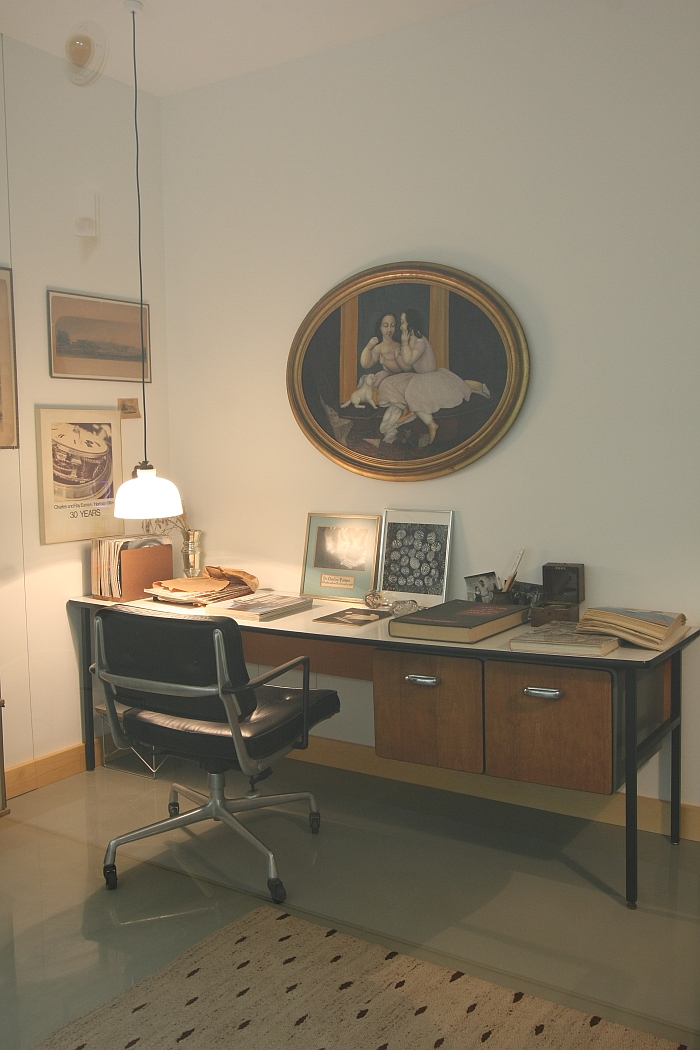 Shrouded by the mists of time... and behind glass. Charles Eames' desk