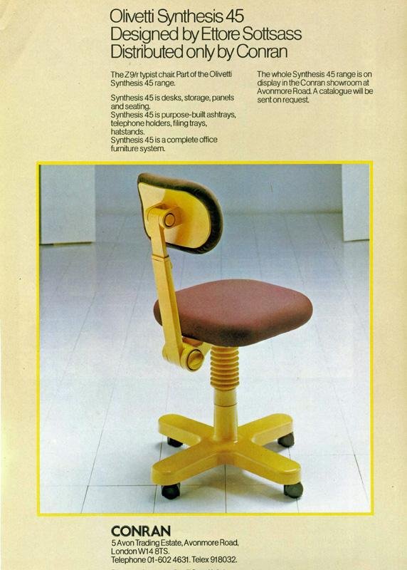 The Z9R typist chair by Ettore Sottsass for Olivetti, as seen in an original 1970s advert (Photo © and courtesy www.storiaolivetti.it - Associazione Archivio Storico Olivetti, Ivrea, Italy)