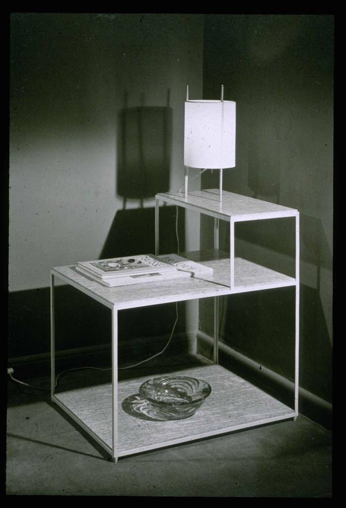 Edward J Wormley. Tiered End Table (with Model 9 Table Lamp by Isamu Noguchi for Knoll). 1945. (Photo: Edward J Wormley papers; Professional (KA0048.02). New School Archives and Special Collections Digital Archive)