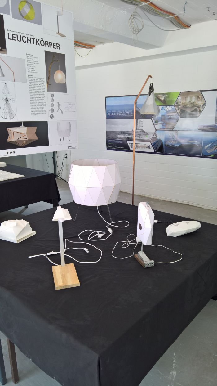 Lamps produced from the Digital Crafting 3D modelling class, as seen at the Hochschule für Bildende Künste Braunschweig Rundgang 2017