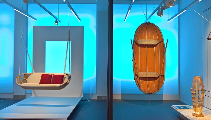 On the right the inspiration, a 1950s folding boat by Marcel Bardiaux. on the right the result, Swing boat from the Objets Nomades Collection for Loui Vuitton