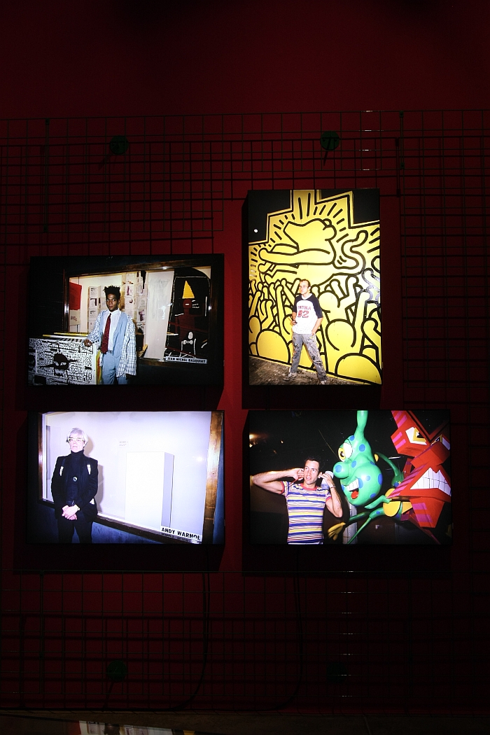 Jean-Michel Basguiat, Keith Haring, Andy Warhol and Kenny Sharf hotographed by Volker Hinz, as seen at Night Fever. Designing Club Culture 1960 - Today, Vitra Design Museum