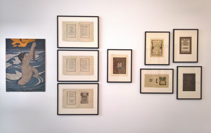 Examples of Peter Behrens' woodcut and book art work, as seen at Peter Behrens. The Practical and the Ideal, the Kaiser Wilhelm Museum Krefeld