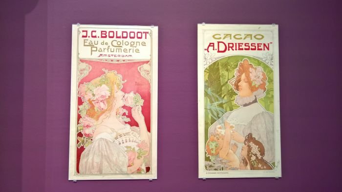 Advertisments for Eau de Cologne and Cacoa by Henri Privat-Livemont, as seen at Art Nouveau in Nederland, The Gemeentemuseum Den Haag