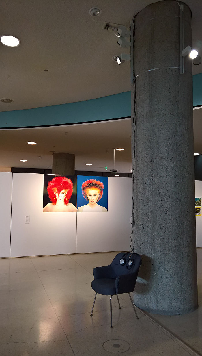 A listening station with Brian Eno's Discreet Music & Vidal Sassoon hair designs, as seen at Bauhaus Imaginista, Haus der Kulturen der Welt, Berlin