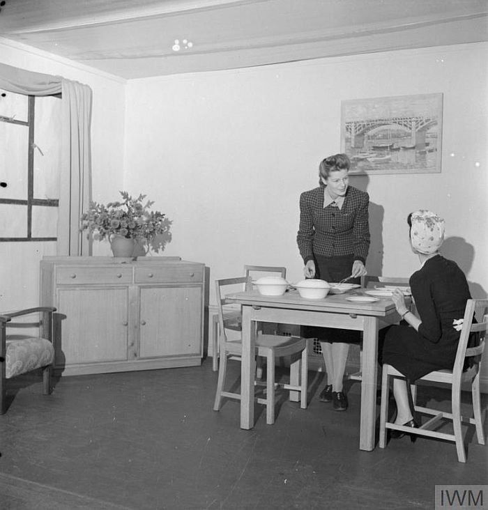 A bedroom set on display as part of an exhibition of Utility furniture at the Building Centre in London, 1942 (© IWM (D 11053) )