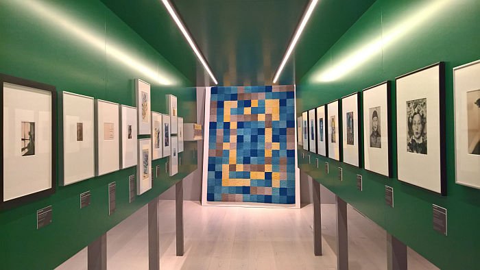 Photographs, and carpet by Gertrud Arndt, as seen at Four "Bauhausmädels", Angermuseum, Erfurt 