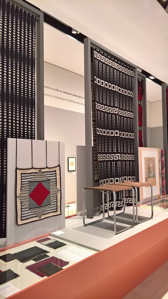 Works by Margaretha Reichardt including two B9T stools by Marcel breuer with eisengarn covers, as seen at Four "Bauhausmädels", Angermuseum, Erfurt 