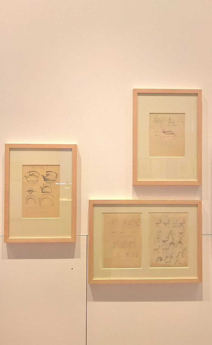 Sketches for chairs and a kettle by Hin Bredendieck, as seen at Between Utopia and Adaptation. The Bauhaus in Oldenburg, Landesmuseum für Kunst und Kulturgeschichte Oldenburg