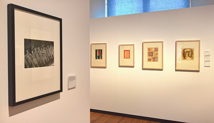 A photo by Marianne Brandt and paintings by Paul Klee, Oskar Schlemmer and Karl Schwoon, as seen at Between Utopia and Adaptation. The Bauhaus in Oldenburg, Landesmuseum für Kunst und Kulturgeschichte Oldenburg