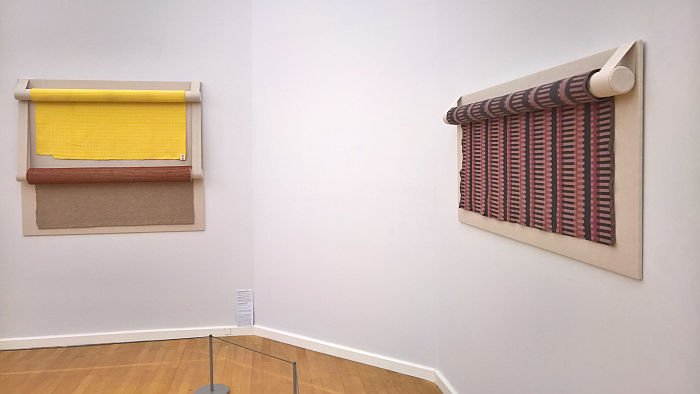 Works by Gunta Stölzl for Flora, Zürich (l) and a Deutsche Wekstätten Hellerau textile based on a Bauhaus pattern (r), as seen at Bauhaus. Textiles and Graphics, Kunstsammlungen Chemnitz