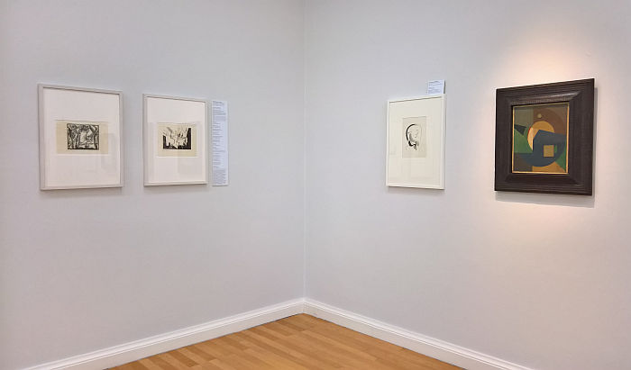 Two woodcuts by Lyonel Feininger (l), Head in profile with black contour by Oskar Schlemmer & Untitled by Kurt Schwitters (r), as seen at Bauhaus. Textiles and Graphics, Kunstsammlungen Chemnitz