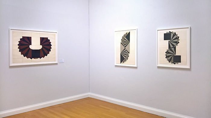 Three works involving Layering of squares and triangles by Karl-Heinz Adler , as seen at Hommage à Karl-Heinz Adler, Kunstsammlungen Chemnitz