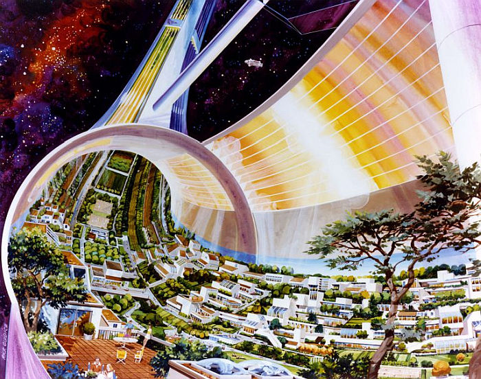 Rick Guidice, Toroidal Colonies, cutaway view exposing the interior ( © Rick Guidice, courtesy NASA Ames Research Center History Archives & San Francisco Museum of Modern Art)