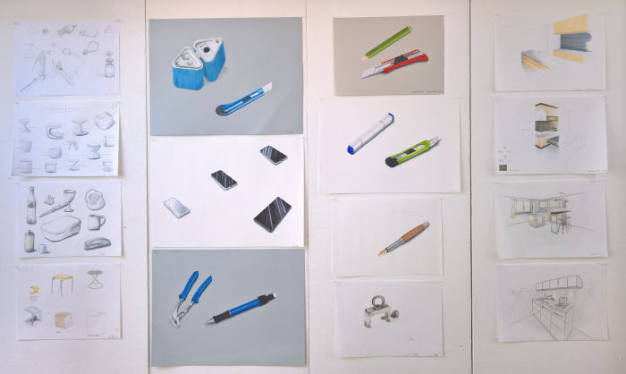 Sketchings by students at the Academy for Room and Object Design, as seen at the Schulen für Holz und Gestaltung Garmisch-Partenkirchen 2019 summer exhibition.