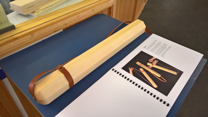 Wooden poster/blueprint/plan tube created by students Vosding, Hammer, Seeberger, Willibad, Gerl & Kemptner, as seen at the Schulen für Holz und Gestaltung Garmisch-Partenkirchen 2019 summer exhibition.