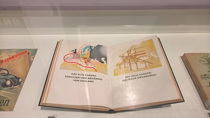 Two pages from the magazine "Raumforschung und Raumordnung", which read "Old Europe: torn and dependent on England" "New Europe: A free organism" Yes we ddi swap the words Europe and England, and were amused terrified in equal measure.....