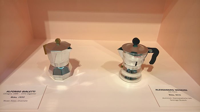 The classic quadratic Moka from 1933 by Alfonso Bialetti, & Alessandro Mendini's 2010 organic re-imagining, as seen at Mondo Mendini, The Groninger Museum, Groningen