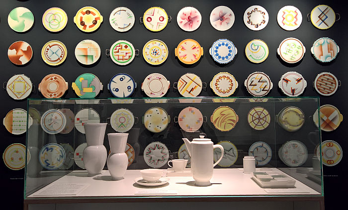 Porcelain for the New Home by Marguerite Friedlaender-Wildenhain &amp; Gerhard Marcks for the Staatliche Porzellan-Manufaktur Berlin, in front of cake platters, as seen at Decoration as Trespass?, Werkbundarchiv, Museum der Dinge, Berlin