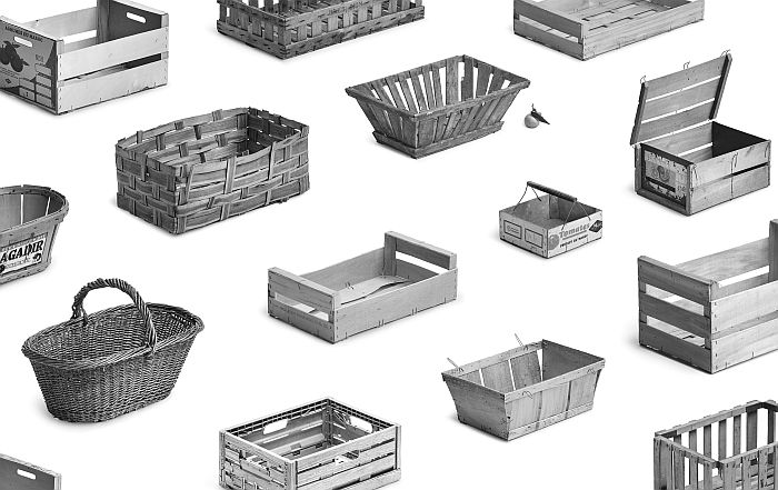 Study on fruit and vegetable crates by Collections Typologie, part of Typology. An Ongoing Study of Everyday Items at the Vitra Design Museum Gallery (Photo © Collections Typologie, courtesy Vitra Design Museum)