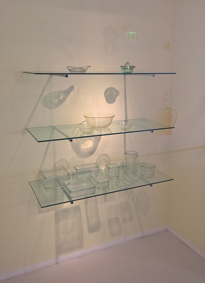 Works by Wilhelm Wagenfeld for Vereinigte Lausitzer Glaswerke Weißwasser, as seen at Unknown Modernism, Brandenburgisches Landesmuseum für moderne Kunst, Cottbus