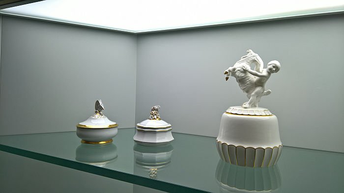 Three boxes from Lorenz Hutschenreuther, Selb, as seen at Spitzen des Art déco, Grassi Museum für Angewandte Kunst, Leipzig