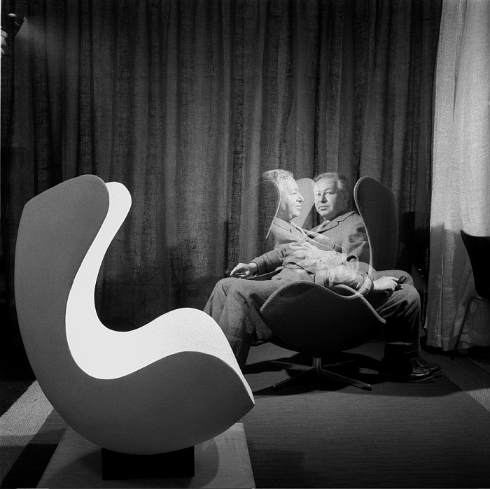 Arne Jacobsen enjoying a conversation with himself in his 3316 Easy Chair (photo © and courtesy Fritz Hansen)