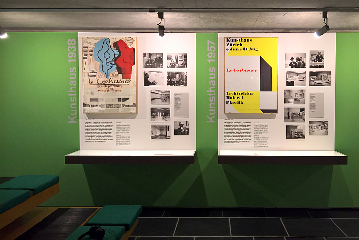 Presentations on the 1938 and 1957 Kunsthalle Le Corbusier exhibitions, as seen at Le Corbusier and Zürich, Museum für Gestaltung, Pavillon Le Corbusier, Zürich