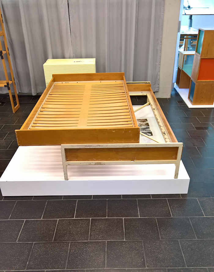 A single bed that converts to a double for Wohnberaf and a slatted bed base for Dunlopillo both by Hans Gugelot, as seen at Hans Gugelot. The Architecture of Design, HfG-Archiv Ulm