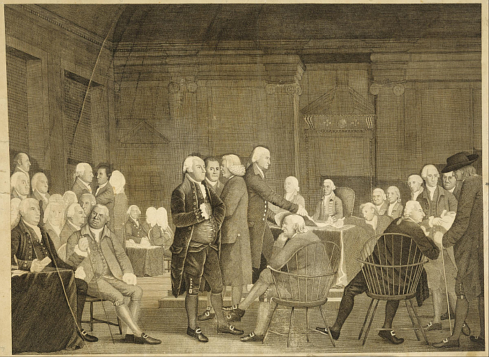 Congress Voting Independence print by Edward Savage after Robert Edge Pine. Benjamin Franklin and Charles Carroll can be seen in Windsor chairs....