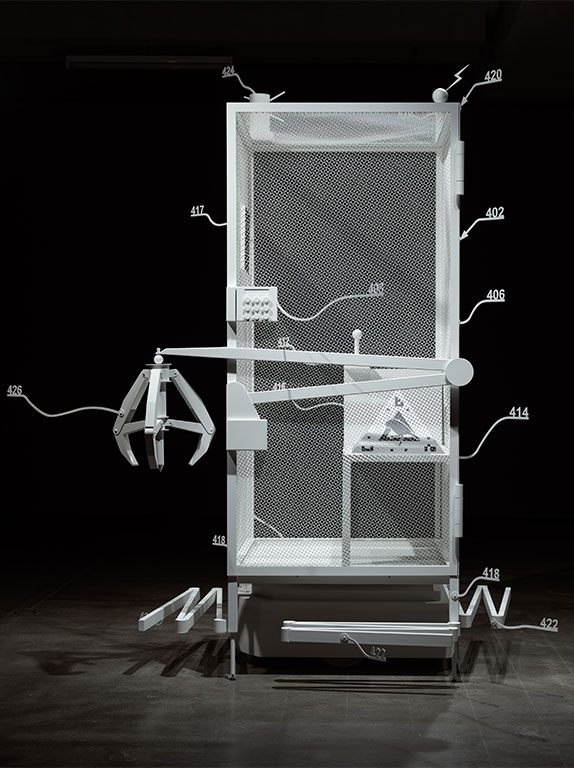 Amazon worker cage patent drawing as virtual King Island Brown Thornbill cage by Simon Denny (Photo: Jesse Hunniford/MONA, courtesy K21)