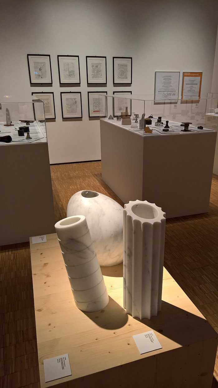 Three marble vases by Emzo Mari for UpGroup and Sixty Paperweights, as seen at Enzo Mari curated by Hans Ulrich Obrist with Francesca Giacomelli, Triennale Milano, Milan