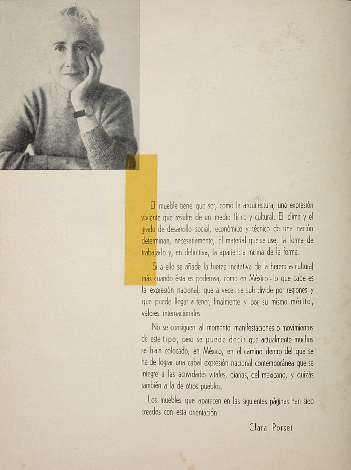 Clara Porset's introduction to the catalogue for IRGSA's collection of her designs released under the title Prestigio en Muebles de Madera, and for which she became the first furniture designer in Mexico to receive royalties on sales, catalogue ca 1951 (Courtesy <a href="https://www.aaa.si.edu/collections/esther-mccoy-papers-5502" target="_blank" rel="noopener">Esther McCoy papers, Archives of American Art, Smithsonian Institution</a>)