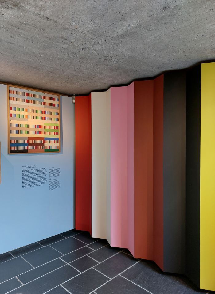 The colour keyboard for Le Corbusier's 1931 Salubra wallpaper collection, and colours from the 1959 collection, as seen at Le Corbusier and Color at the Museum für Gestaltung, Pavillon Le Corbusier, Zürich