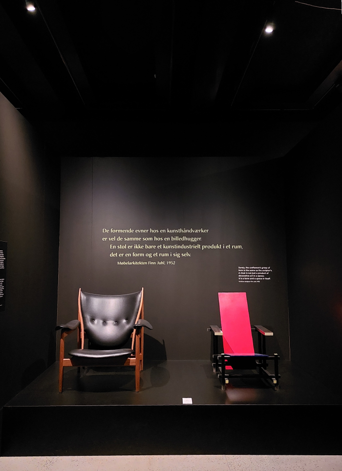 Finn Juhl's Chieftain Chair (i) & Gerrit T Rietveld's Red Blue Chair (r), as seen at The Magic of Form - Design and Art, Kunsten Museum of Modern Art, Aalborg