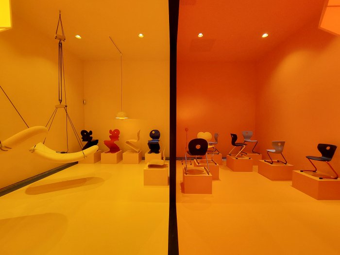 A selection of Panton moulded pylwood seating including, the Pantonic and Pantoflex families, and the Tatami low seater, as seen at Verner Panton - Colouring a New World, Trapholt, Kolding