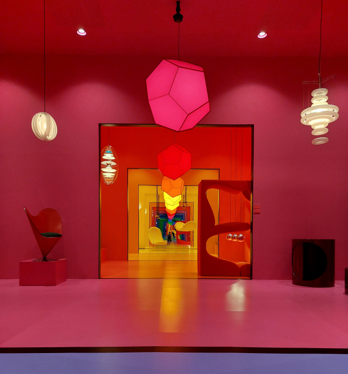 A rainbow wormhole and numerous Panton lights, including Dodecahedron 1998/2021), as seen at Verner Panton - Colouring a New World, Trapholt, Kolding