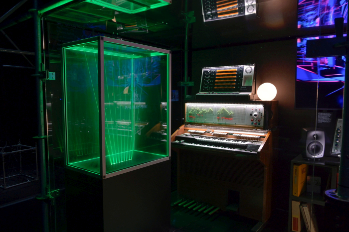 Jean Michel Jarre's virtual studio, as seen at Electro. From Kraftwerk to Daft Punk, Musée de la musique, Philharmonie de Paris, 2019 as as to be seen at Electro. From Kraftwerk to Techno at the Kunstpalast, Düsseldorf (Photo © Gil Lefauconnier, Courtesy Musée de la musique, Philharmonie de Paris)