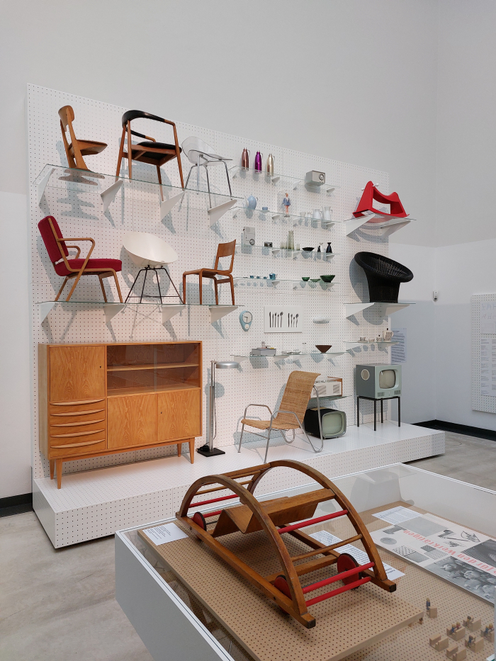 Two rocking horses: one by Hans Brockhage and Erwin Andrä (front centre) and one by Walter Papst (top right), as seen at German Design 1949–1989. Two Countries, One History, Kunsthalle im Lipsiusbau, Dresden