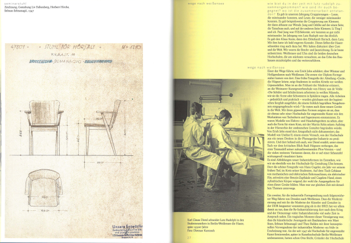 Plan for the Seminarstuhl by Selman Selmanagić, Herbert Hirche and Liv Falkenberg (l) & Karl Clauss Dietel cutting Lutz Rudolph's hair in the late 1950s, both sat in such a chair (r), as seen in karl clauss dietel. die offene form by Walter Scheiffele and Steffen Schuhmann, Spector Books, 2021 (Image courtesy Spector Books)