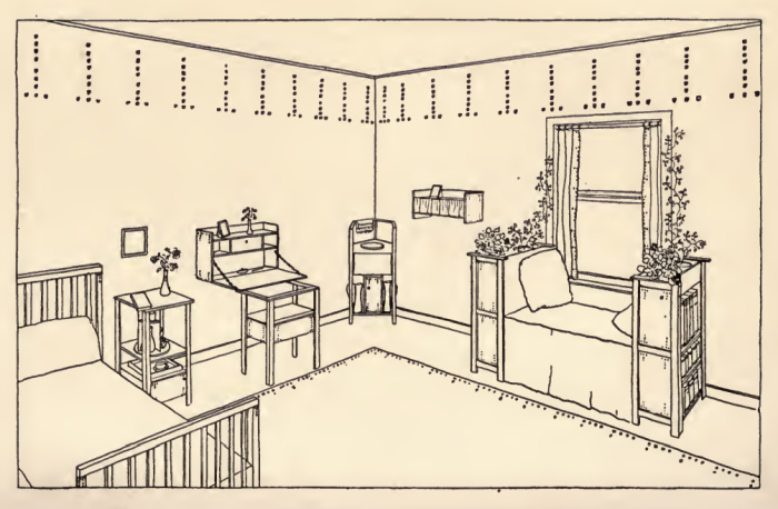 A proposal for a so-called Invalid's Room, but could be any spare bedroom. Note in particular the wall-mounted, closable, desk and the bookcases in the window bench. The bed is not made from boxes....As imagined by Louise Brigham in Box Furniture, 1909 (sketch by Edward Aschermann)