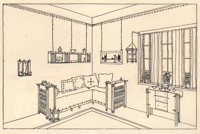 The College Boys Corner, as imagined by Louise Brigham in Box Furniture, 1909 (sketch by Edward Aschermann)