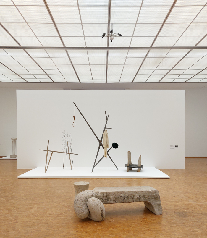 Props for Erick Hawkins' 1945 production John Brown (God's Angry Man), and a granite bench, by Isamu Noguchi, as seen at Isa­mu Noguchi, Muse­um Lud­wig, Cologne