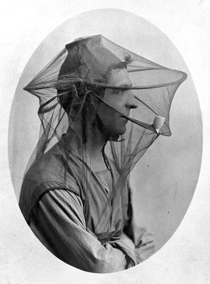 Architecture needn't always be buildings, and early 20th century mosquito net for pipe smokers, part of Sick Architecture (photo Wellcome Collection, London, courtesy CIVA Brussels)