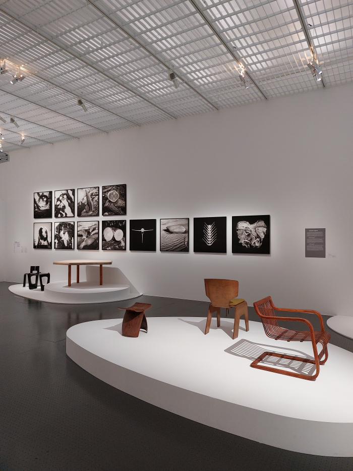 Works by (right to left) Ubunji Kidokoro, Kenzō Tange, Sōri Yanagi and Charlotte Perriand, as seen at Mimesis. A living design, Centre Pompidou-Metz